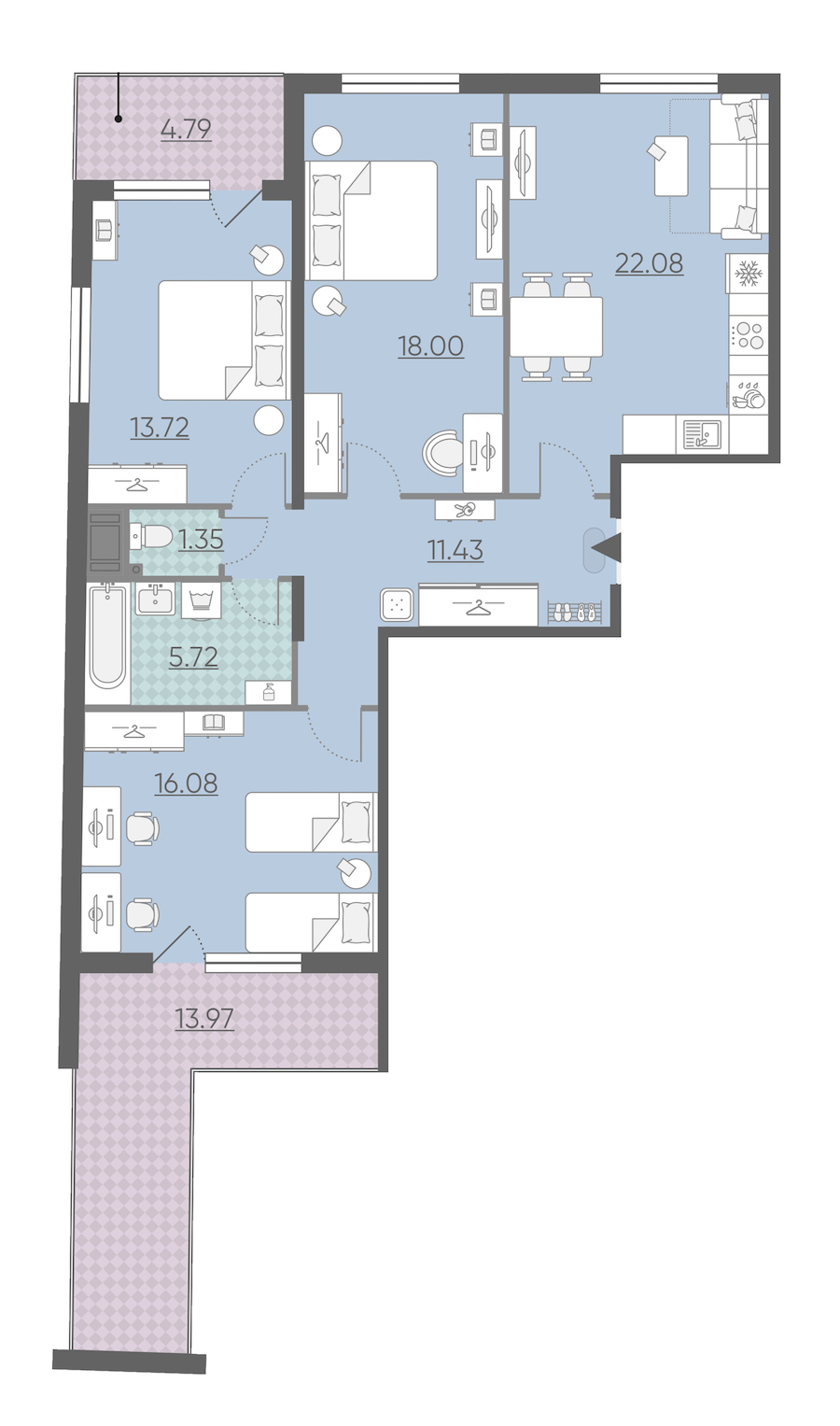Трехкомнатная квартира в : площадь 97.77 м2 , этаж: 15 – купить в Санкт-Петербурге